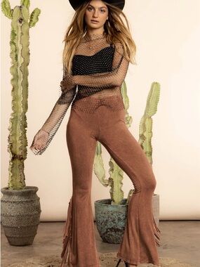 Fringe Suede-Look Flare Pants in Brown